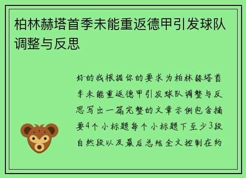 柏林赫塔首季未能重返德甲引发球队调整与反思